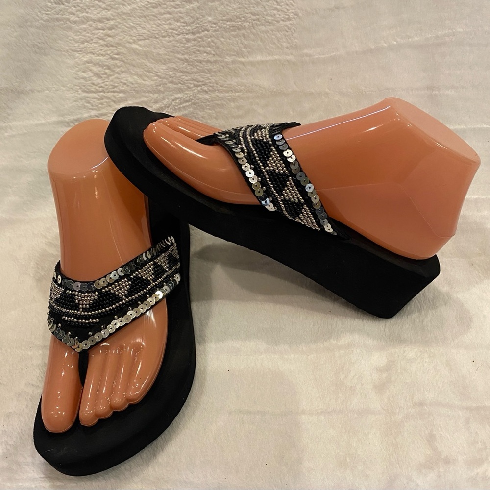 Yellow Box Embellished Bling Beads Sandals Wedges Shoes Black Silver Size 7? VGC